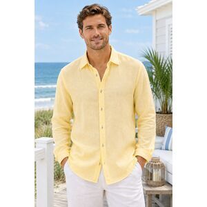 Europann Saint Tropez 100% Linen Shirt Mens Size 4 Yellow Long Sleeve Button Up